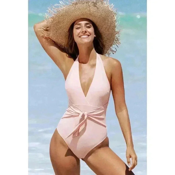 Cupshe Magnolia Plunge Pink V-neck Halter Tie Waist One Piece Swimsuit Size L - Picture 1 of 4